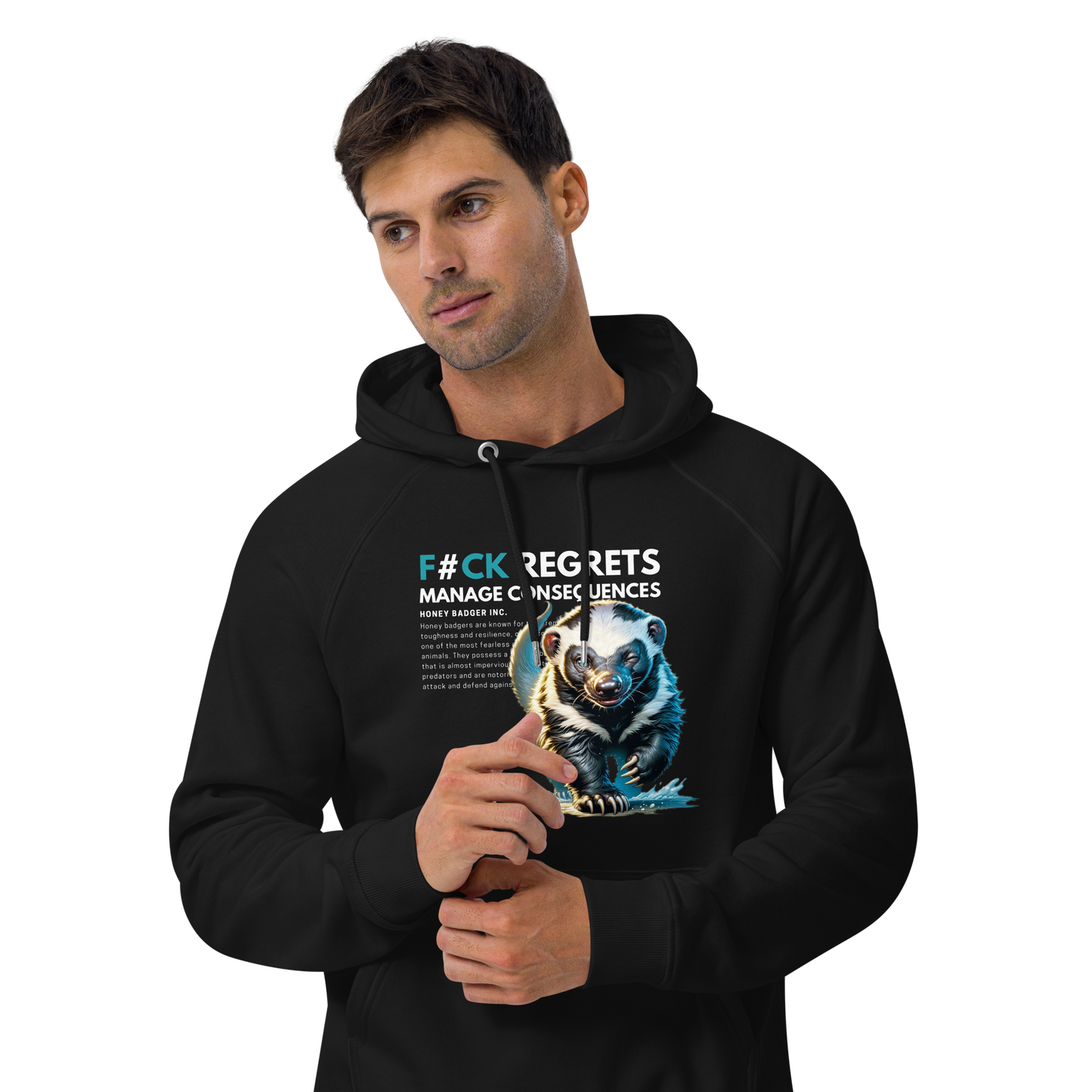 Unisex Eco Raglan Hoodie | Honey Badger - F#ck Regrets
