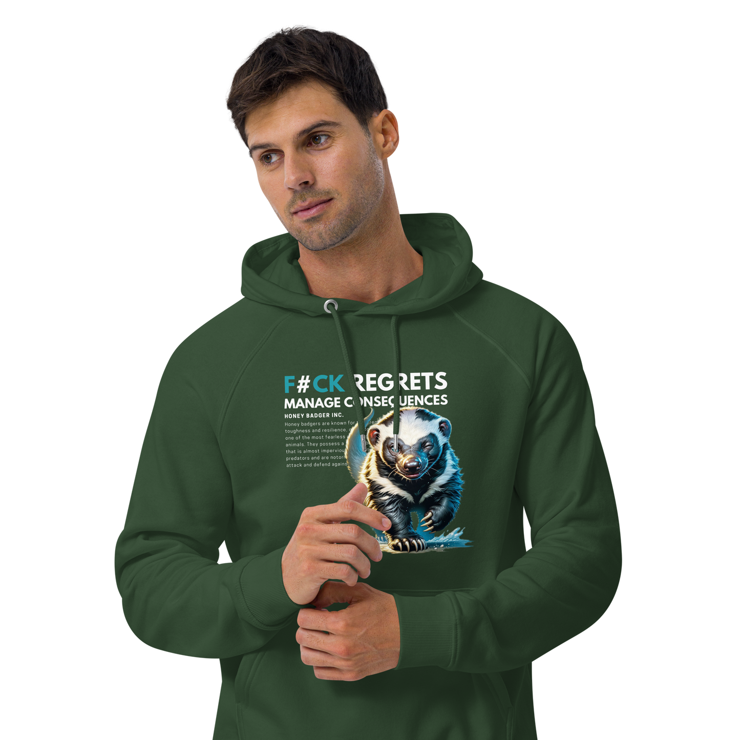Unisex Eco Raglan Hoodie | Honey Badger - F#ck Regrets