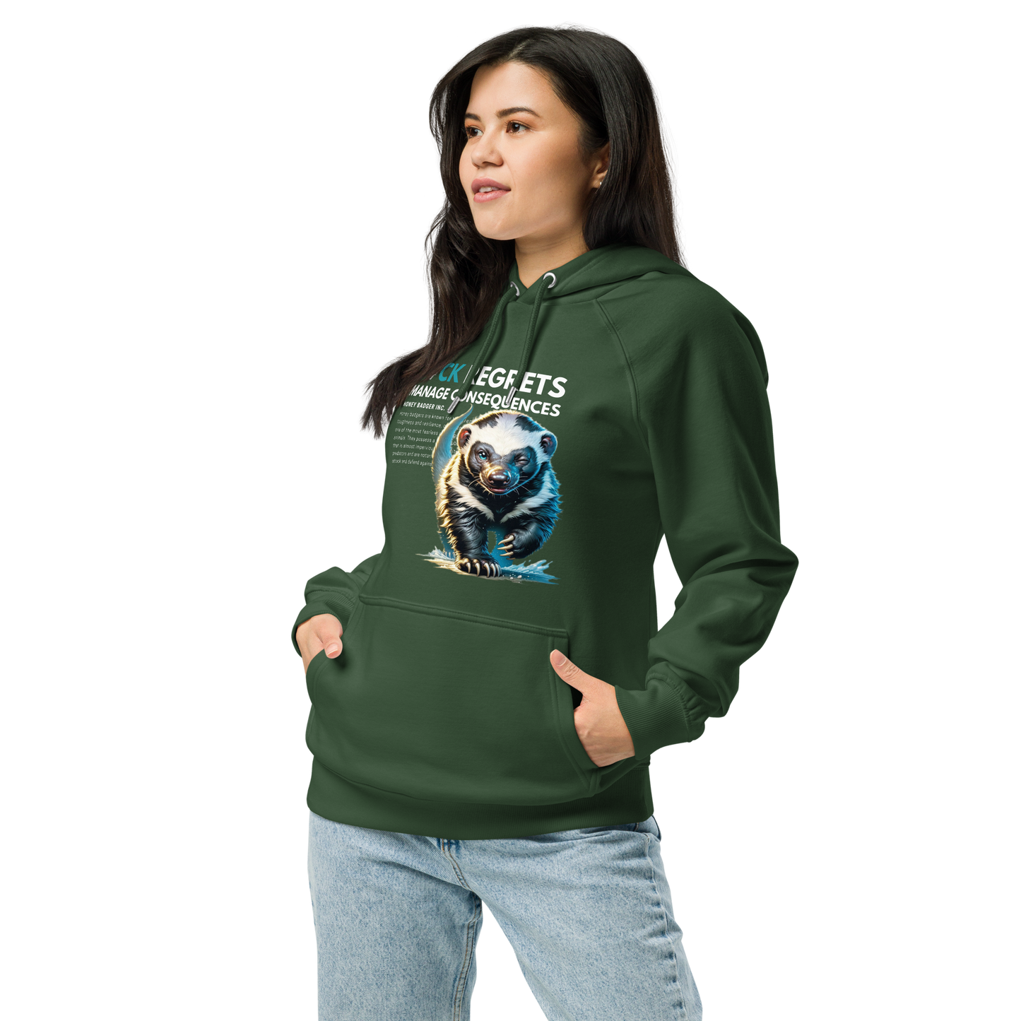 Unisex Eco Raglan Hoodie | Honey Badger - F#ck Regrets
