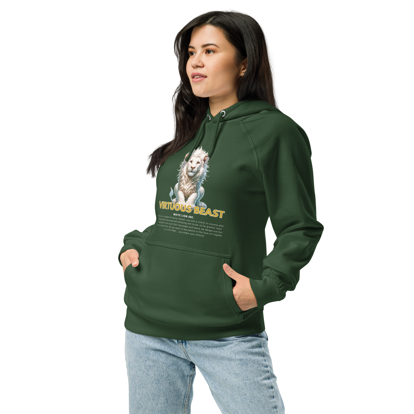 Unisex Eco Raglan Hoodie | White Lion - Virtuous Beast