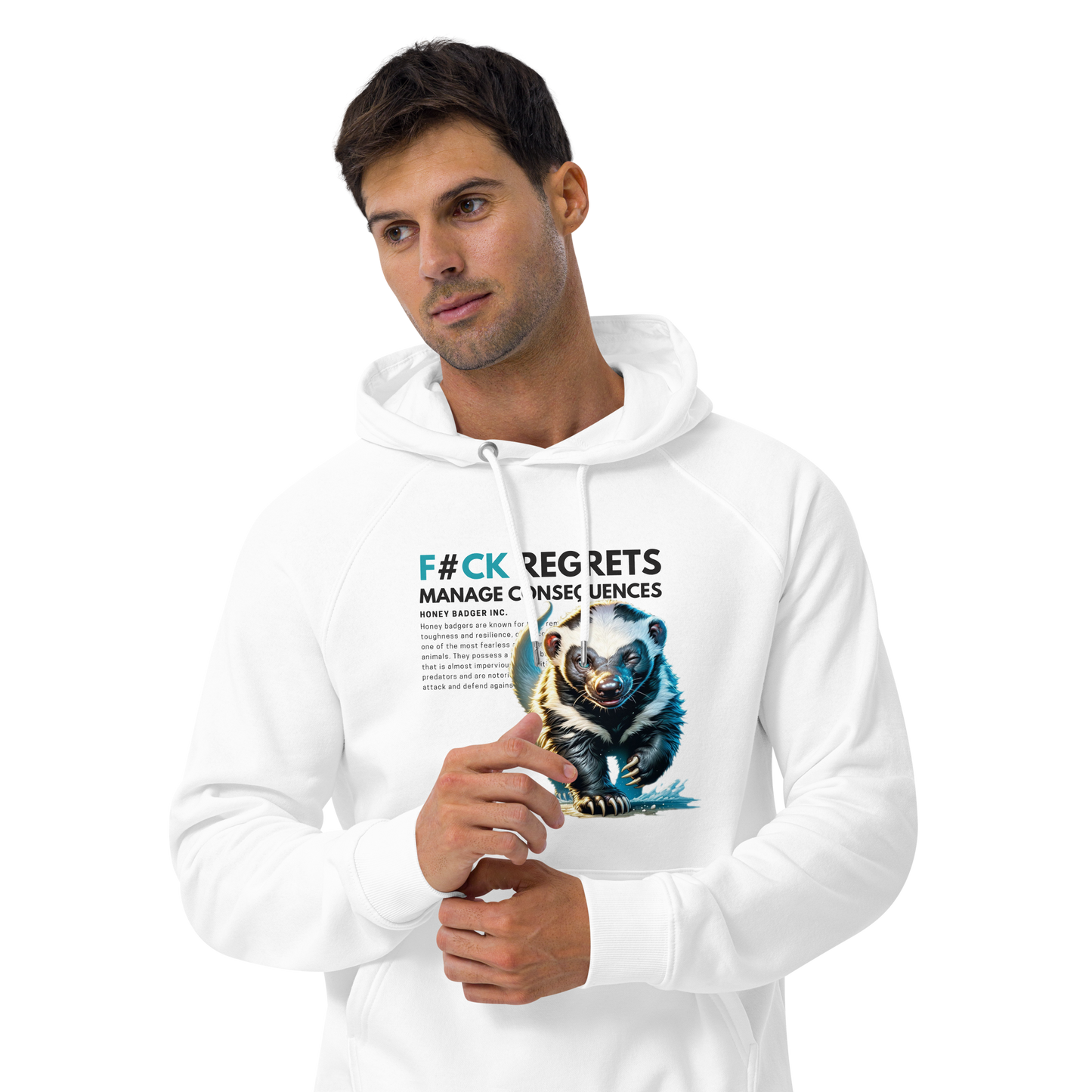 Unisex Eco Raglan Hoodie | Honey Badger - F#ck Regrets