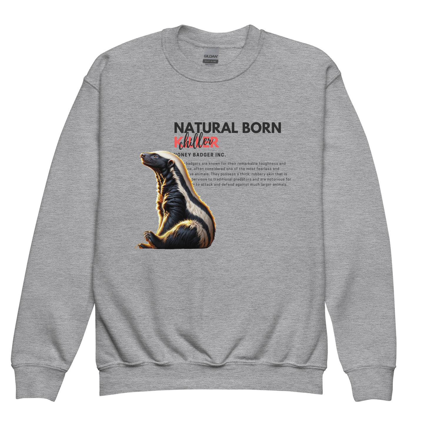 Youth Crewneck Sweatshirt | Honey Badger - Natural Born Chiller